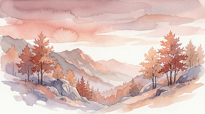 식물 계절 잎 미술도구 그림 생태계 파일형식 AI콘텐츠 산 나무 가을 풍경 물감 자연 예술 수채화 풍경화 바위 하늘 거리 평원 시야 고요 나뭇잎 일러스트 국내일러스트 JPG AI일러스트