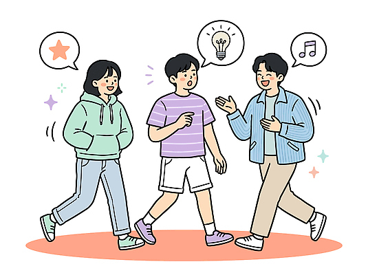 생각 일러스트 청소년 거리 아이디어 이야기 대화 웃음 여름 친구 걷기 만남 자유 즐거움 고민 의견 공유 소통 국내일러스트 AI파일 계절 감정 컨셉 관계 모션 표정 말하기 사람 파일형식 벡터