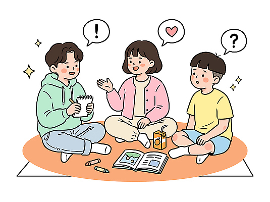 일러스트 놀이 색연필 바닥 이야기 대화 웃음 앉기 손짓 친구 공책 그룹 질문 그림 교류 소통 오후 응답 국내일러스트 AI파일 컨셉 관계 모션 문구용품 학용품 표정 말하기 파일형식 벡터 오브젝트