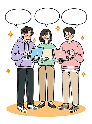 캐릭터 학생 디자인 교육 일러스트 기술 실험 이야기 대화 친구 노트북 자료 만남 정보 그룹 소통 국내일러스트 AI파일 컨셉 관계 말하기 전자제품 파일형식 벡터 모션