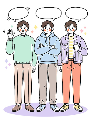 캐릭터 옷 남자 감정 말풍선 신체 일러스트 표정 대화 웃음 사람 친구 만남 인사 그룹 즐거움 소통 스타일 국내일러스트 AI파일 컨셉 관계 말하기 예절 파일형식 벡터 모션