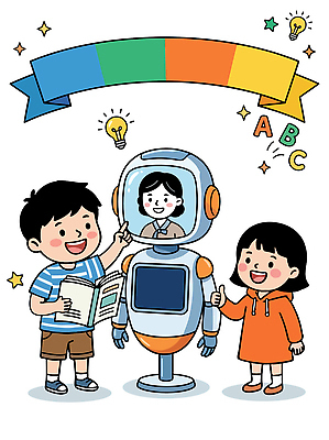 디자인 교육 어린이 과학 일러스트 교실 미래 기술 웃음 책 친구 학습 장난감 스크린 로봇 즐거움 창의력 국내일러스트 AI파일 감정 컨셉 학교 관계 표정 사람 파일형식 벡터