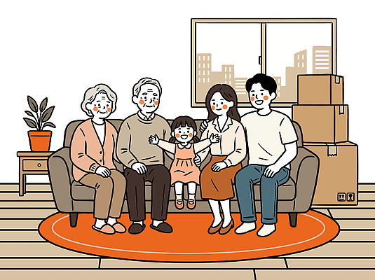 행복 어린이 일러스트 가족 주택 실내 대화 사랑 웃음 사람 일상 상자 부모 소파 방 연결 조부모 국내일러스트 AI파일 감정 의자 관계 표정 말하기 내부 건물 라이프 파일형식 벡터 건축물 가구 모션 생활 건축 생활용품 오브젝트
