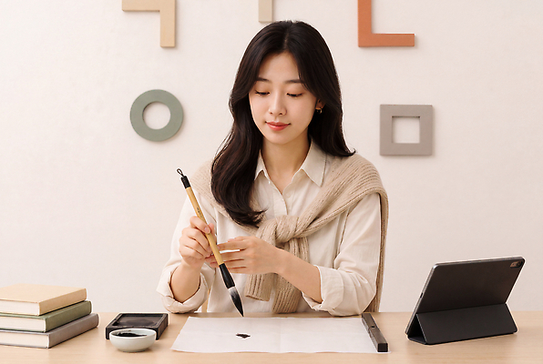 JPG 편집이미지 문자 손 여자 예술 탁자 서예 책 태블릿 펜 공간 도구 기록 작업 집중 한지 의료성형뷰티 편집실사 AI인물포토 AI콘텐츠 한국전통 종이 가구 컨셉 사람 신체부위 전자제품 스마트기기 필기구 CG 파일형식 AI포토 전통 생활용품 문구용품 한국 아시아 오브젝트 나라