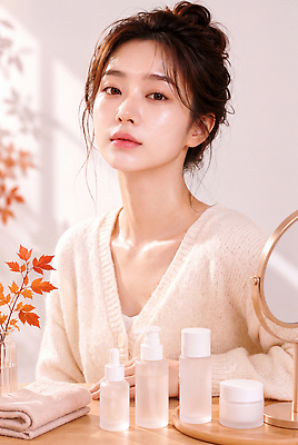 계절 잎 사람 라이프 뷰티 젖음 CG 생태계 파일형식 AI포토 피부관리 스킨케어 여자 방 가을 나뭇잎 상품 화장품 촉촉함 자연 생활 일상 표정 편집이미지 편집실사 JPG AI인물포토 AI콘텐츠 의료성형뷰티