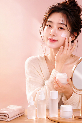 JPG 편집이미지 여자 탁자 조명 관리 화장품 거울 세수 상품 편안함 피부 크림 일과 스킨케어 보습 의료성형뷰티 세럼 편집실사 AI인물포토 AI콘텐츠 가구 사람 신체부위 뷰티 청결 감각 CG 파일형식 AI포토 생활용품 위생 오브젝트