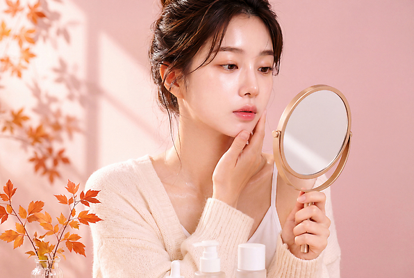 JPG 편집이미지 손 여자 분홍색 포즈 관리 뷰티 화장품 거울 피부 확인 스킨케어 의료성형뷰티 스타일 편집실사 AI인물포토 AI콘텐츠 컬러 사람 신체부위 CG 파일형식 AI포토
