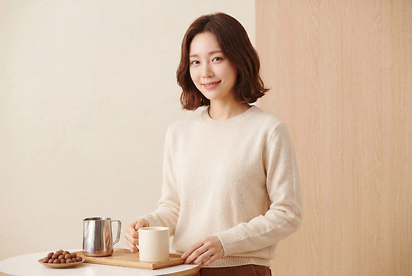 주간 식물 식기 음료 가구 컨셉 상의 표정 사람 신체부위 상점 CG 파일형식 AI포토 여자 커피 잔 탁자 스웨터 아침 분위기 나무 미소 손 카페 편집이미지 편집실사 JPG AI인물포토 AI콘텐츠 의료성형뷰티
