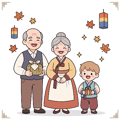 전통 옷 명절 할아버지 행복 할머니 어린이 일러스트 가족 한국 함께함 선물 사랑 미소 기쁨 가을 축하 국내일러스트 AI파일 계절 여자 기념일 노년 남자 감정 아시아 컨셉 관계 표정 사람 파일형식 벡터 나라 이벤트 성인