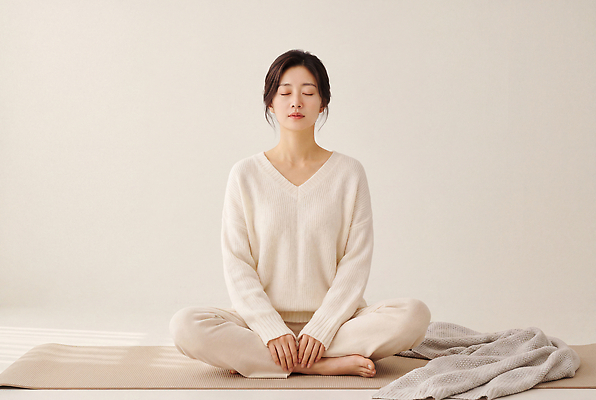 JPG 편집이미지 여자 생각 방 마음 편안함 집중 명상 조용 의료성형뷰티 편집실사 AI인물포토 AI콘텐츠 컨셉 사람 감각 CG 파일형식 AI포토