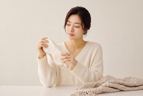 JPG 편집이미지 여자 따뜻함 미소 직물 잡기 수면안대 의료성형뷰티 편집실사 AI인물포토 AI콘텐츠 모션 표정 사람 CG 안대 파일형식 AI포토
