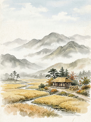 JPG 나무 일러스트 자연 하늘 산 주택 초가집 수묵화 풍경 강 농장 마을 농사 고요 가을 농촌 숲 동양화 국내일러스트 AI일러스트 AI콘텐츠 식물 계절 농업 한옥 미술 건물 시골 생태계 파일형식 한국전통 건축물 산업 고건축 문화예술 전통 건축 한국 아시아 나라