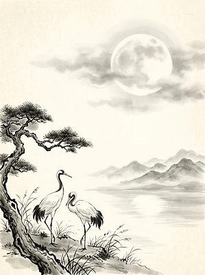 JPG 나무 동물 전통 예술 일러스트 자연 산 수묵화 풍경 학 달 흰색 물가 수면 밤 동양화 그림 국내일러스트 AI일러스트 AI콘텐츠 자연요소 식물 컬러 조류 미술 생태계 파일형식 문화예술