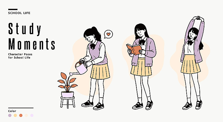 식물 학생 일러스트 학교 청소년 취미 학습 독서 스트레칭 즐거움 물주기 그림 일과 국내일러스트 AI파일 교육 감정 모션 사람 운동 파일형식 벡터 건강