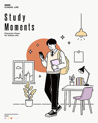 식물 학생 포즈 가방 일러스트 창문 학교 청소년 조명 일상 생활 책 스마트폰 학습 방 책상 국내일러스트 AI파일 잡화 교육 가구 사람 라이프 핸드폰 스마트기기 파일형식 벡터 생활용품 전자제품 오브젝트