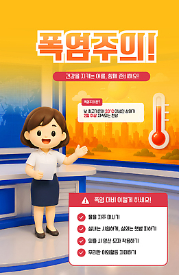 템플릿 여자 건강 경고 설명 안전 여름 정보 위험 예방 방송 기상캐스터 기온 습도 팁 뉴스룸 폭염주의보 이미지템플릿 폭염대비 AI파일 직업 계절 컨셉 모션 날씨 사람 대비 뉴스 더위 자연재해 파일형식 벡터 재해
