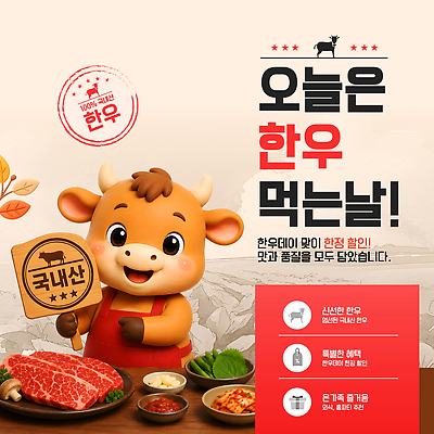 템플릿 음식 한국 육류 요리 이벤트 축제 맛 한우 소캐릭터 이미지템플릿 AI파일 아시아 동물캐릭터 컨셉 식재료 소고기 소 파일형식 벡터 동물 캐릭터 나라 포유류