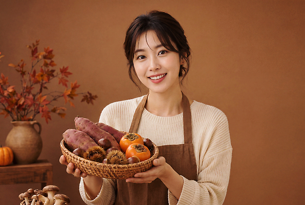 JPG 편집이미지 여자 음식 건강 감 미소 농작물 갈색 바구니 수확 가을 고구마 편집실사 AI인물포토 AI콘텐츠 계절 컬러 농업 과일 뿌리채소 표정 사람 CG 파일형식 AI포토 산업 채소