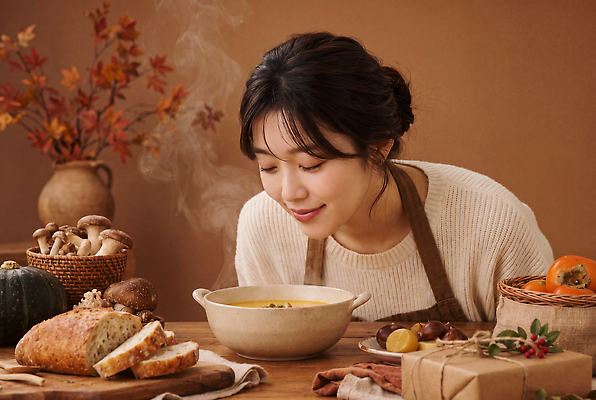 JPG 편집이미지 여자 음식 빵 재료 따뜻함 건강 요리 웃음 요리사 식사 가을 수프 손재주 편집실사 AI인물포토 AI콘텐츠 직업 계절 표정 사람 CG 파일형식 AI포토