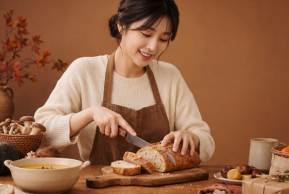 JPG 편집이미지 여자 음식 빵 재료 도마 요리 식사 수확 가을 수프 자르기 제빵 식사준비 편집실사 AI인물포토 AI콘텐츠 계절 농업 모션 주방용품 사람 제과제빵 CG 준비 파일형식 AI포토 산업 생활용품 오브젝트