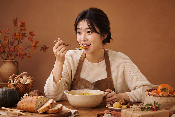 JPG 편집이미지 여자 음식 빵 재료 탁자 요리 미소 식사 버섯 가을 수프 저녁 편집실사 AI인물포토 AI콘텐츠 계절 가구 표정 사람 밤 야간 CG 파일형식 AI포토 자연요소 생활용품 오브젝트