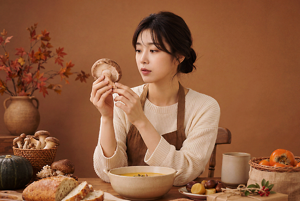 JPG 편집이미지 여자 음식 재료 탁자 실내 건강 요리 갈색 요리사 식사 버섯 가을 수프 준비 편집실사 AI인물포토 AI콘텐츠 직업 계절 컬러 가구 사람 내부 CG 파일형식 AI포토 생활용품 오브젝트