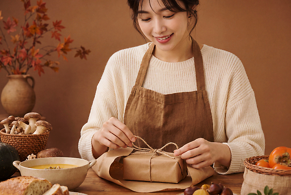 JPG 편집이미지 여자 음식 빵 채소 과일 재료 포장 탁자 따뜻함 선물 갈색 앞치마 버섯 가을 분위기 수프 편집실사 AI인물포토 AI콘텐츠 계절 컬러 가구 컨셉 사람 CG 파일형식 AI포토 생활용품 오브젝트