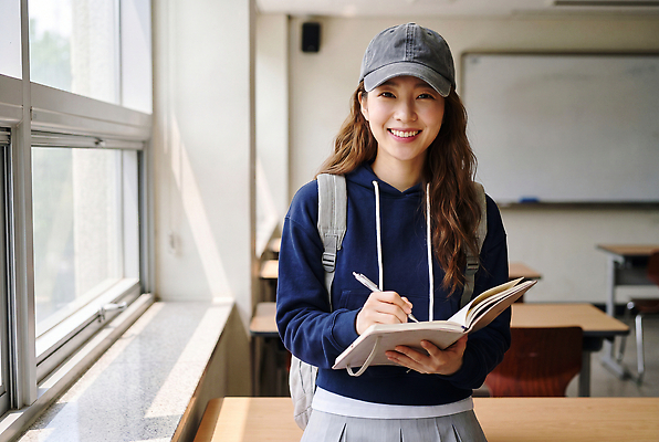 JPG 편집이미지 여자 교육 대학생 아침 웃음 책 학습 캠퍼스라이프 공책 집중 대학교 오후 캡모자 의료성형뷰티 편집실사 AI인물포토 AI콘텐츠 주간 모자 학생 라이프스타일 컨셉 학교 문구용품 표정 사람 CG 파일형식 AI포토 자연요소 잡화 생활 오브젝트