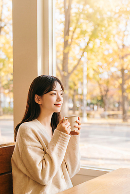 JPG 나무 편집이미지 응시 여자 행복 창 커피 햇빛 산책 감상 카페 가을 조용 은행나무 뷰티풀 차분 편집실사 AI인물포토 AI콘텐츠 식물 시선 계절 감정 음료 컨셉 휴식 사람 빛 상점 CG 파일형식 AI포토