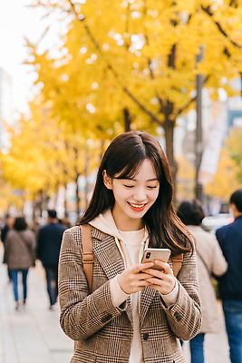 JPG 나무 편집이미지 여자 거리 미소 여러명 뒷모습 스마트폰 노란색 걷기 산책 가을 도시 보행자 즐거움 은행나무 뷰티풀 편집실사 AI인물포토 AI콘텐츠 식물 계절 감정 뷰포인트 컬러 다수 모션 휴식 표정 사람 핸드폰 스마트기기 CG 파일형식 AI포토 컨셉 전자제품