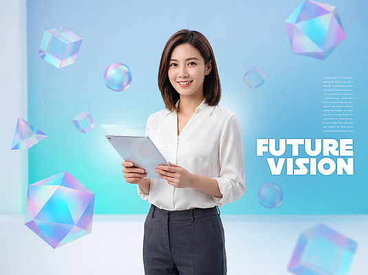 도형 PSD 편집이미지 디자인 여자 미래 기술 파란색 태블릿 디지털 직장인 비전 의료성형뷰티 이미지편집 직업 컬러 컨셉 사람 전자제품 스마트기기 파일형식