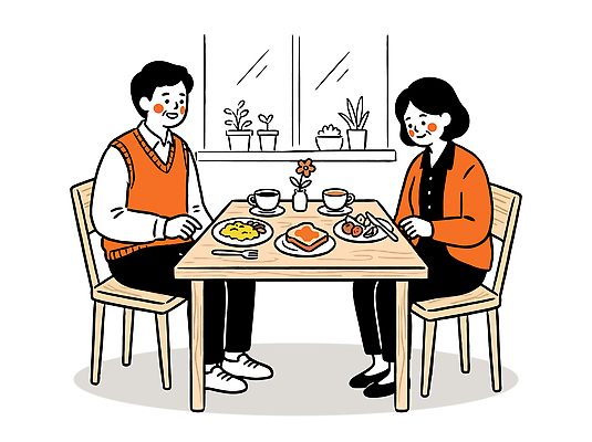 식물 여자 남자 음료 음식 의자 일러스트 가정 식탁 대화 일상 식사 중년부부 동반자 국내일러스트 AI파일 부부 중년 가구 탁자 말하기 사람 라이프 파일형식 벡터 커플 생활용품 모션 성인 생활 관계 오브젝트