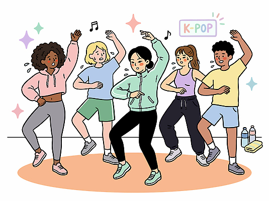 외국인 한국문화 음악 포즈 일러스트 수업 실내 운동복 운동 춤 체험 즐거움 리듬 참여 케이팝 한류 국내일러스트 AI파일 동양문화 옷 교육 감정 문화 컨셉 문화예술 한국 건강 인종 내부 파일형식 벡터 아시아 사람 나라