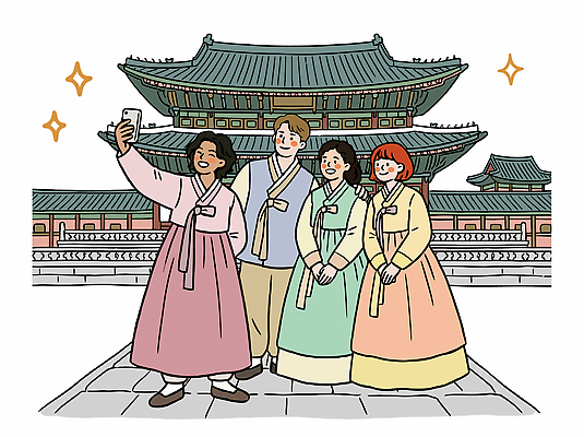 외국인 한국문화 전통 기념일 문화 여행 일러스트 유적지 한국 웃음 만남 체험 역사 한복 셀프카메라 즐거움 경복궁 방문 한류 국내일러스트 AI파일 동양문화 한국전통 감정 아시아 컨셉 고건축 표정 인종 이벤트 사진촬영 궁전 전통의상 파일형식 벡터 건축물 나라 사람 촬영 건축