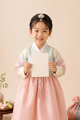 JPG 편집이미지 전통 옷 여자 종이 문화 어린이 한국 웃음 소녀 추석 귀여움 한복 의료성형뷰티 편집실사 AI인물포토 AI콘텐츠 한국전통 명절 아시아 컨셉 표정 사람 전통의상 CG 파일형식 AI포토 기념일 나라 이벤트