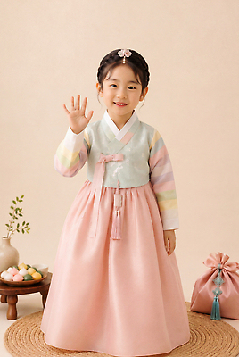 JPG 편집이미지 전통 옷 여자 문화 어린이 한국 웃음 추석 귀여움 인사 전통의상 한복 의료성형뷰티 편집실사 AI인물포토 AI콘텐츠 한국전통 명절 아시아 컨셉 표정 사람 예절 CG 파일형식 AI포토 기념일 나라 이벤트