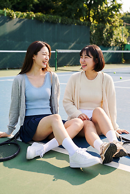 JPG 편집이미지 여자 스포츠 협력 대화 웃음 앉기 야외 여름 친구 운동 테니스 라켓 테니스장 즐거움 의료성형뷰티 편집실사 AI인물포토 AI콘텐츠 계절 감정 스포츠용품 스포츠시설 관계 모션 표정 건강 말하기 사람 구기 CG 파일형식 AI포토 오브젝트 시설