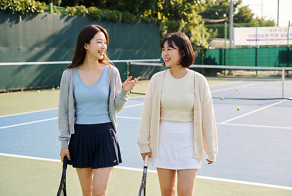 JPG 편집이미지 여자 스포츠 대화 취미 여름 친구 운동 걷기 테니스 라켓 테니스장 즐거움 의료성형뷰티 편집실사 AI인물포토 AI콘텐츠 계절 감정 스포츠용품 스포츠시설 관계 모션 건강 말하기 사람 구기 CG 파일형식 AI포토 오브젝트 시설
