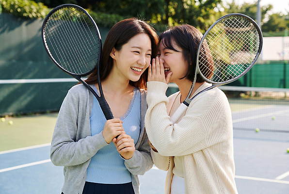 JPG 편집이미지 여자 스포츠 웃음 여름 친구 운동 테니스 라켓 테니스장 즐거움 소통 의료성형뷰티 편집실사 AI인물포토 AI콘텐츠 계절 감정 스포츠용품 컨셉 스포츠시설 관계 표정 건강 사람 구기 CG 파일형식 AI포토 오브젝트 시설