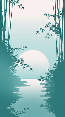 JPG 나무 일러스트 자연 하늘 풍경 물 여름 강 반사 평화 일몰 달 수면 밤 저녁 숲 대나무 조용 국내일러스트 AI일러스트 AI콘텐츠 자연요소 식물 계절 컨셉 노을 야간 생태계 파일형식