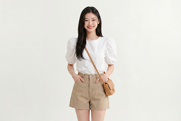 JPG 편집이미지 옷 여자 패션 포즈 상의 반바지 서기 미소 웃음 일상 흰색 블라우스 여름옷 의료성형뷰티 스타일 편집실사 AI인물포토 AI콘텐츠 컬러 바지 모션 표정 사람 라이프 여름 CG 파일형식 AI포토 계절 하의 생활