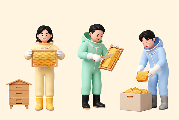 곤충 농업 3D 벌 생태계 꿀 파일형식 벌집 수확 사람 작업 도구 상자 꿀벌 농장 자연 제조 벌꿀 PSD 편집3D 편집이미지 양봉업 양봉