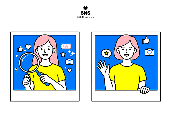 일러스트 사랑 사람 친구 방송 확대경 소통 라이브 소셜미디어 좋음 국내일러스트 AI일러스트 AI파일 감정 컨셉 관계 파일형식 벡터 AI콘텐츠