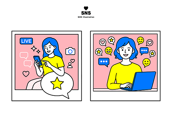 일러스트 사람 친구 스마트폰 컴퓨터 메시지 댓글 소통 소셜미디어 좋음 국내일러스트 AI일러스트 AI파일 컨셉 관계 전자제품 핸드폰 스마트기기 파일형식 벡터 AI콘텐츠