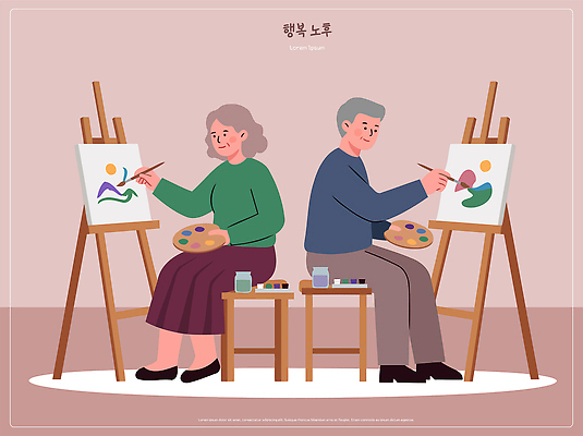 여자 할아버지 노년 남자 할머니 예술 일러스트 웃음 취미 친구 노부부 물감 작업실 팔레트 동료 그림 캔버스 창작 국내일러스트 AI파일 부부 관계 표정 사람 성인 미술도구 파일형식 벡터 커플 오브젝트
