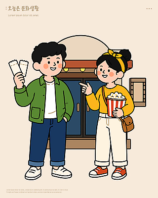 여자 남자 음식 일러스트 대화 미소 친구 세트 티켓 영화관 영화 즐거움 외출 팝콘 문화생활 영화감상 문화의날 국내일러스트 AI파일 라이프스타일 감정 관계 문화예술 표정 말하기 사람 감상 극장 파일형식 벡터 법정기념일 기념일 모션 생활 이벤트
