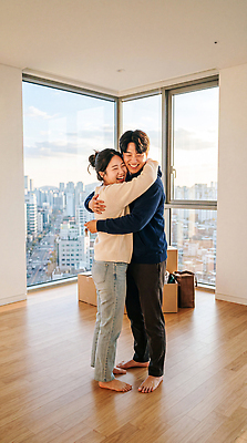 JPG 편집이미지 여자 남자 창문 신혼부부 포옹 사랑 웃음 여러명 건물 생활 기쁨 도시 내집마련 의료성형뷰티 편집실사 AI인물포토 AI콘텐츠 건축물 부부 감정 다수 안기 부동산 표정 사람 CG 신혼 파일형식 AI포토 커플 건축 모션 재산 관계 금융 경제
