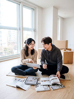 JPG 편집이미지 여자 남자 행복 거실 신혼부부 아파트 대화 두명 생활 쇼핑 상자 이사 잡지 내집마련 기획 리스트 의료성형뷰티 편집실사 AI인물포토 AI콘텐츠 부부 감정 부동산 주택 말하기 사람 간행물 CG 신혼 파일형식 AI포토 커플 모션 건물 재산 건축물 관계 금융 건축 경제