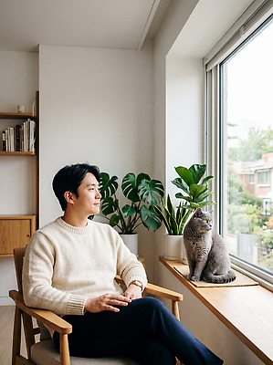 JPG 식물 편집이미지 응시 남자 주택 실내 앉기 일상 고양이 편안함 창가 스코티시폴드 주거공간 의료성형뷰티 편집실사 AI인물포토 AI콘텐츠 시선 창문 포유류 모션 사람 내부 건물 라이프 반려동물 공간 감각 CG 파일형식 AI포토 동물 건축물 생활 건축