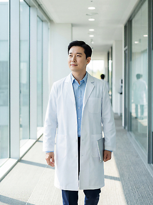 JPG 편집이미지 남자 의학 직장 병원 실험 일상 걷기 의사 가운 복도 전문직 연구원 문서 의료성형뷰티 편집실사 AI인물포토 AI콘텐츠 직업 옷 회사 모션 사람 라이프 의료진 CG 파일형식 AI포토 비즈니스 생활